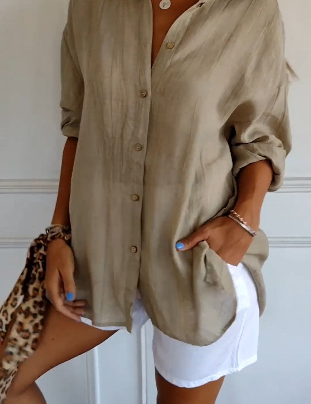 Odette Wyndmere | Oversized Blue Linen-Look Button-Down Shirt