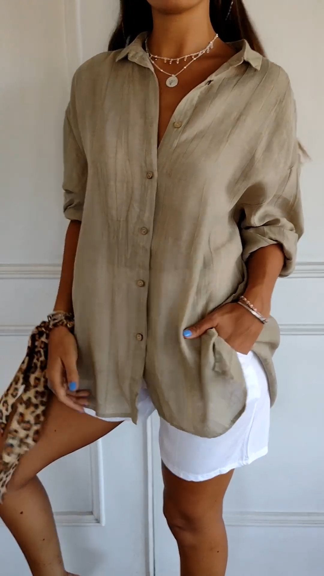Odette Wyndmere | Oversized Blue Linen-Look Button-Down Shirt
