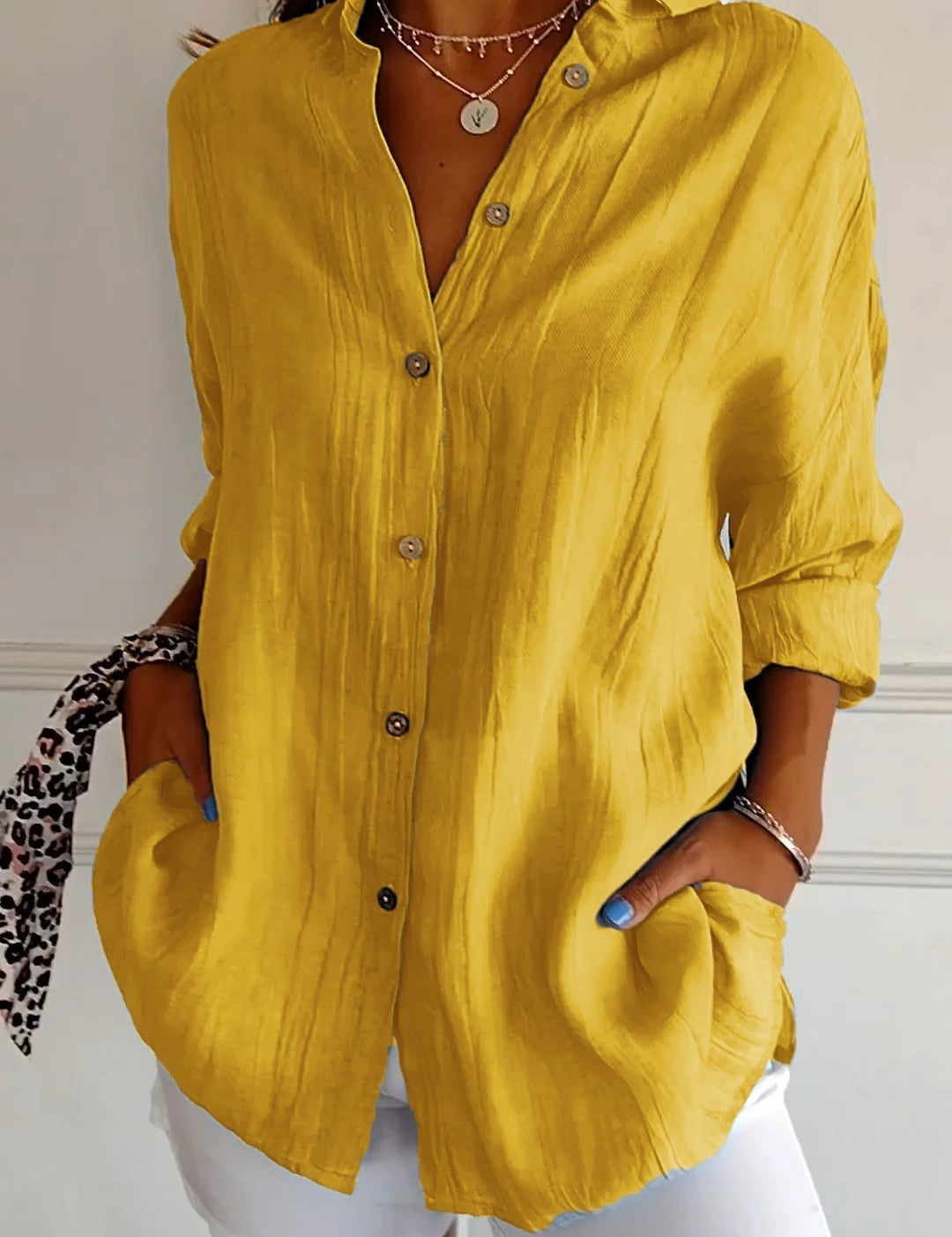 Odette Wyndmere | Oversized Blue Linen-Look Button-Down Shirt