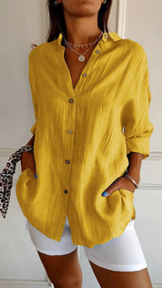Odette Wyndmere | Oversized Blue Linen-Look Button-Down Shirt