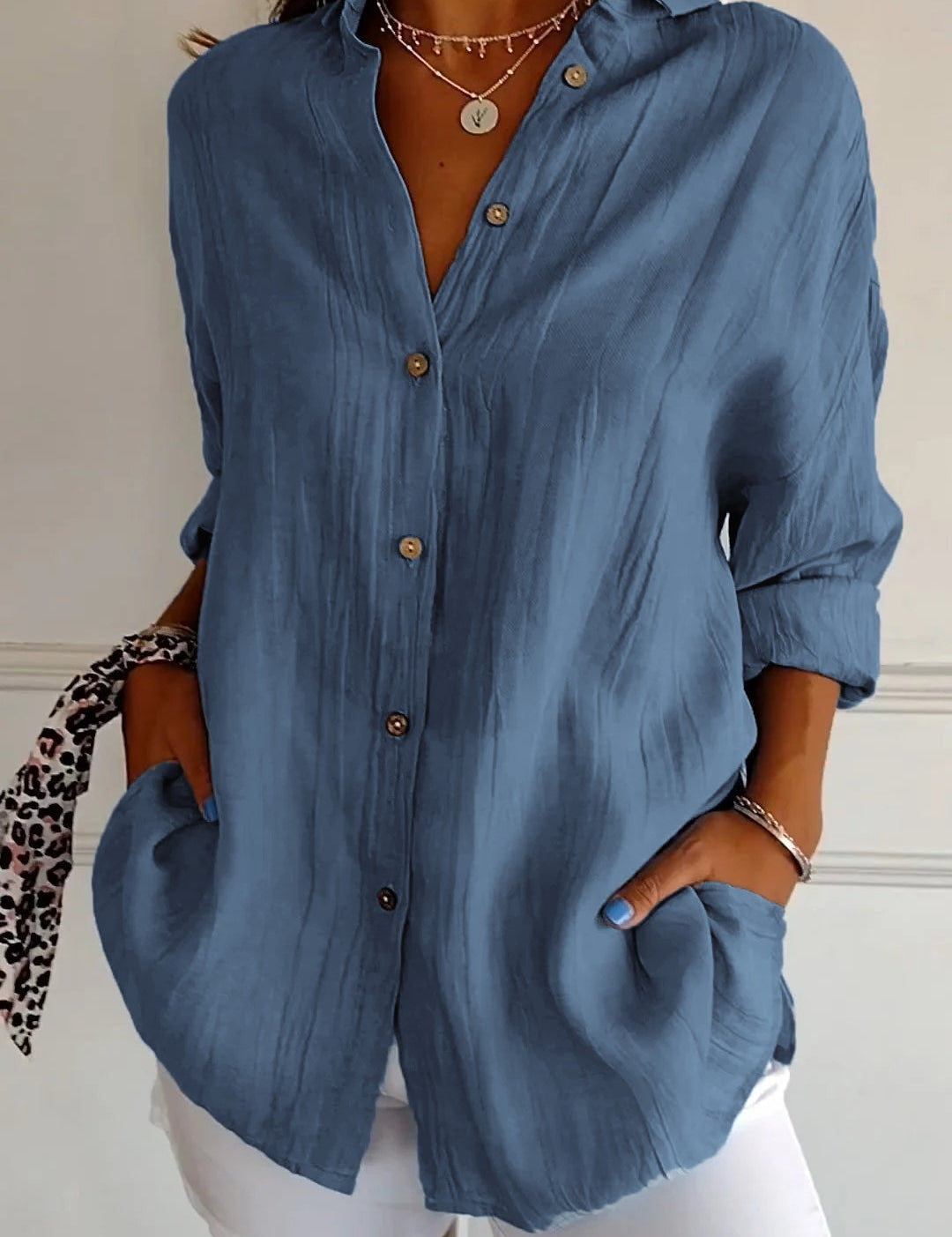 Odette Wyndmere | Oversized Blue Linen-Look Button-Down Shirt
