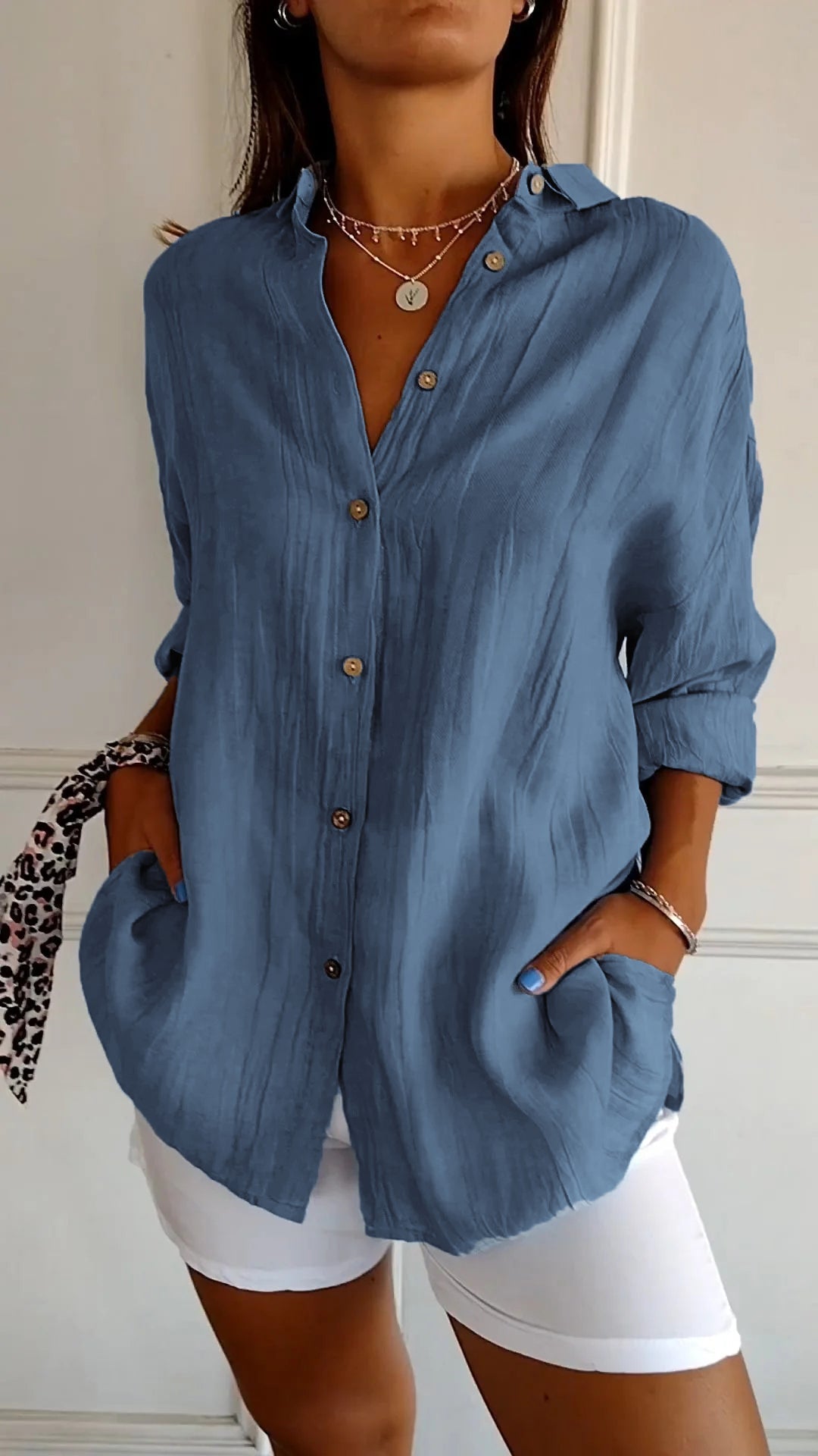 Odette Wyndmere | Oversized Blue Linen-Look Button-Down Shirt