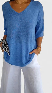 Nicolette Ashbourne | Sage Green V-Neck Knit Sweater Top