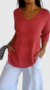 Nicolette Ashbourne | Sage Green V-Neck Knit Sweater Top