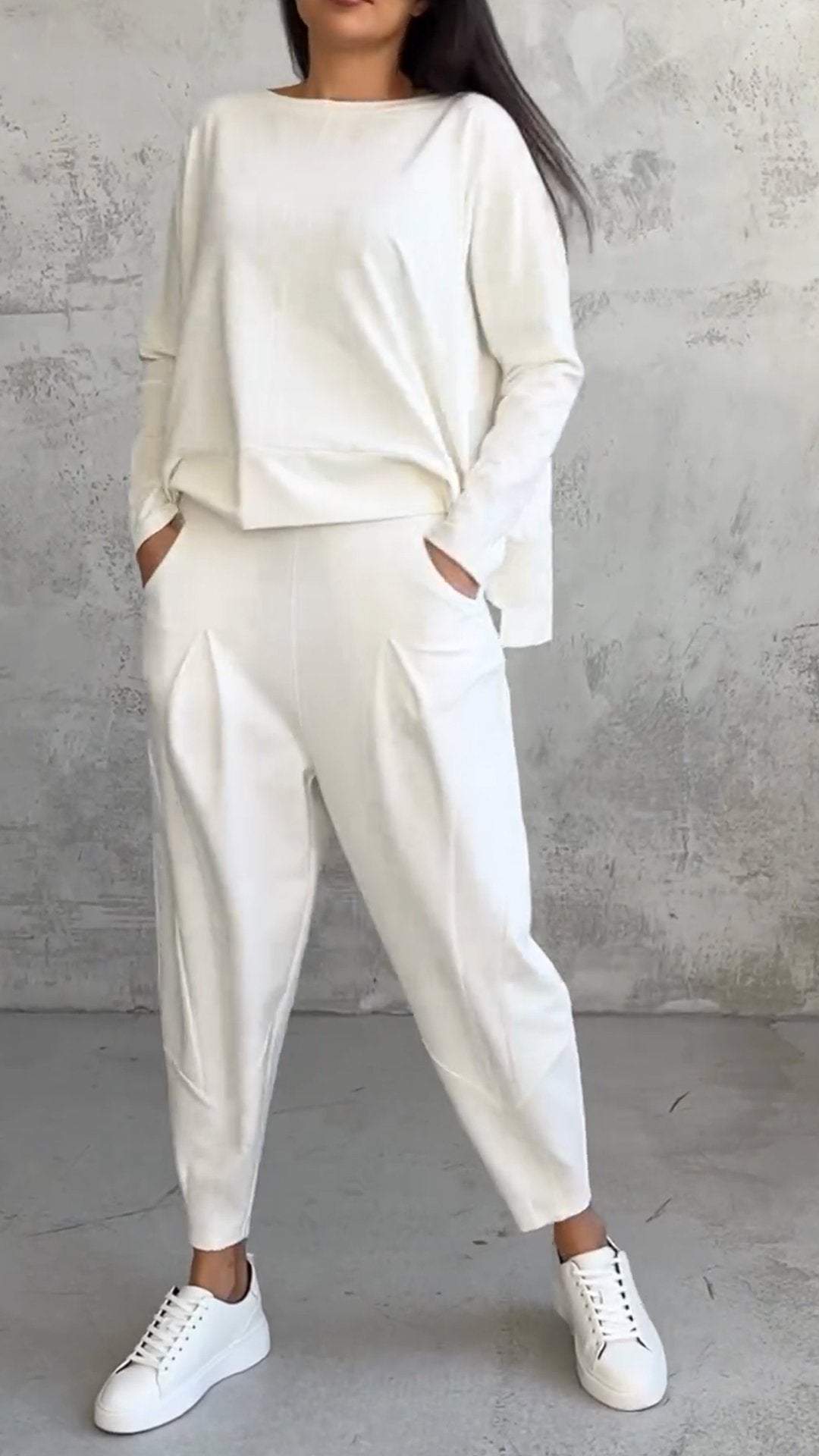 Elaine Beauvoisin | Cream Two-Piece Lounge Set Long Sleeve Top & Pants