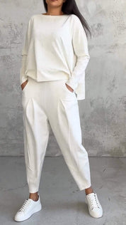 Elaine Beauvoisin | Cream Two-Piece Lounge Set Long Sleeve Top & Pants