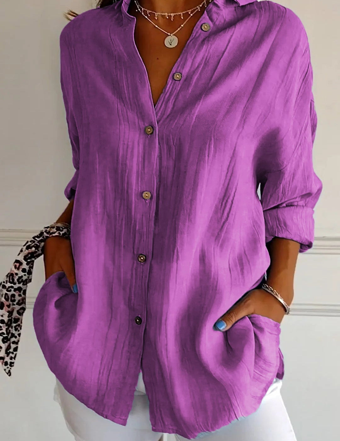 Odette Wyndmere | Oversized Blue Linen-Look Button-Down Shirt