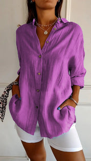 Odette Wyndmere | Oversized Blue Linen-Look Button-Down Shirt