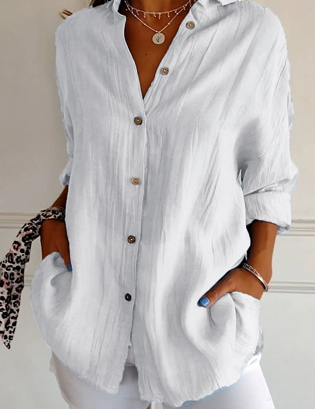 Odette Wyndmere | Oversized Blue Linen-Look Button-Down Shirt