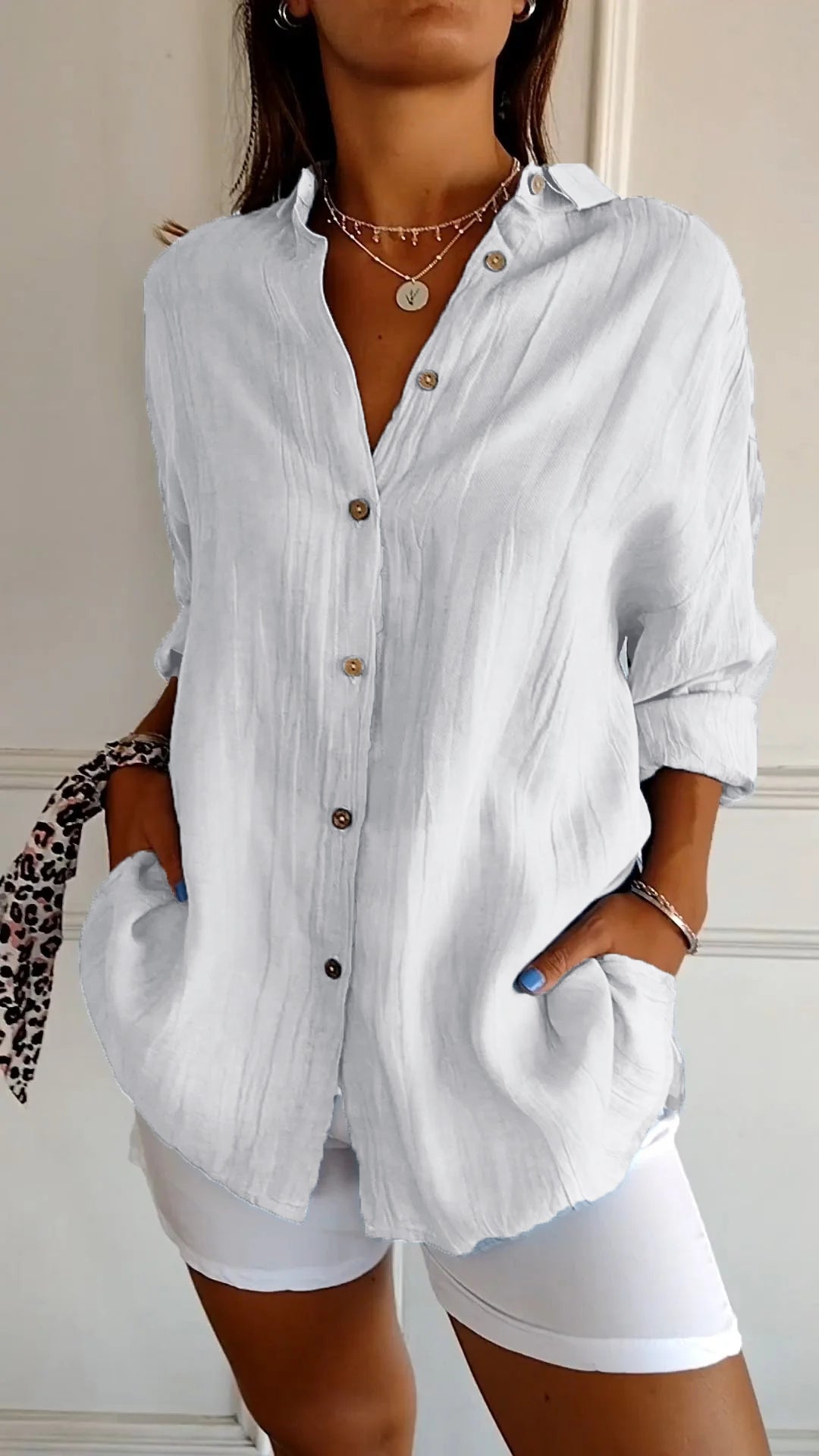 Odette Wyndmere | Oversized Blue Linen-Look Button-Down Shirt