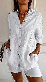 Odette Wyndmere | Oversized Blue Linen-Look Button-Down Shirt