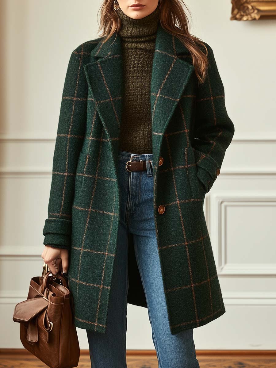 Sylviane Beaumont-Lacroix | Green Plaid Wool-Blend Lapel Overcoat