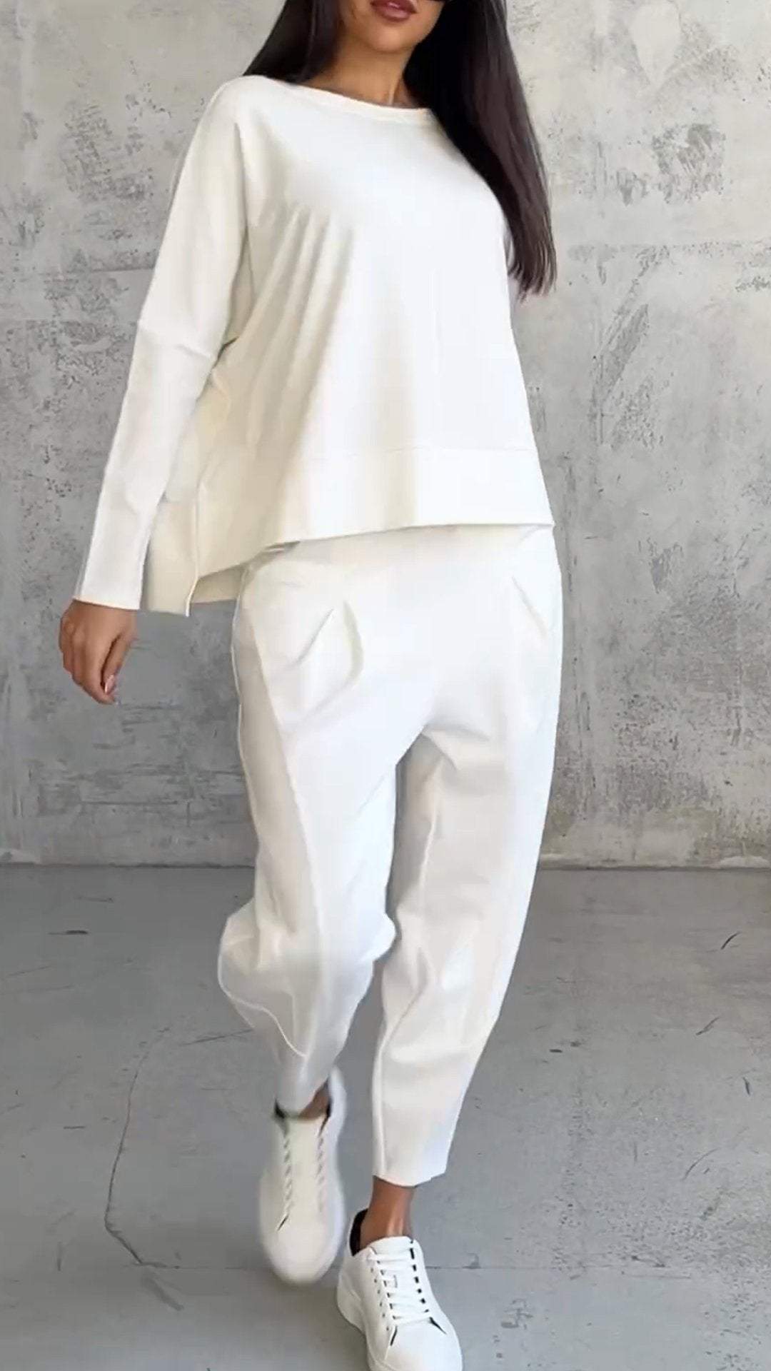 Elaine Beauvoisin | Cream Two-Piece Lounge Set Long Sleeve Top & Pants