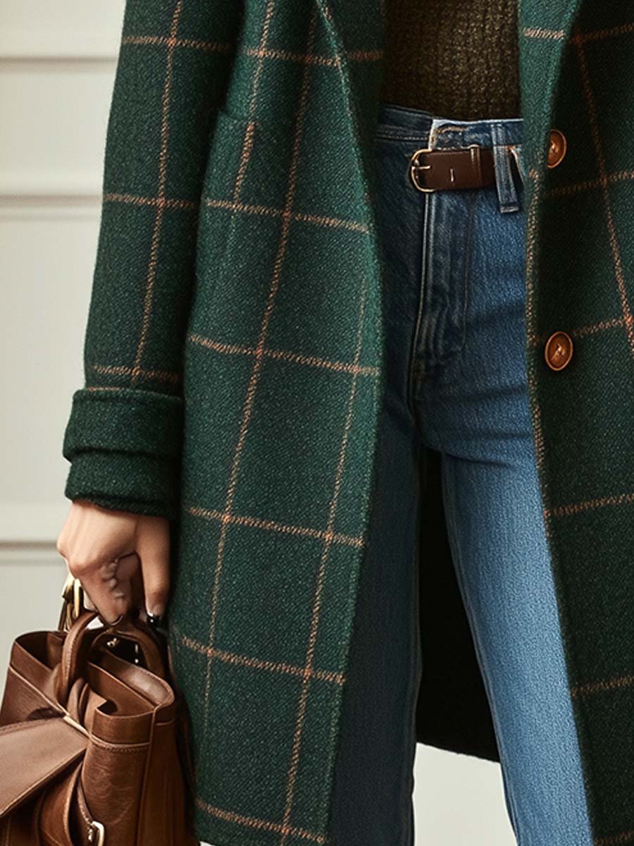 Sylviane Beaumont-Lacroix | Green Plaid Wool-Blend Lapel Overcoat