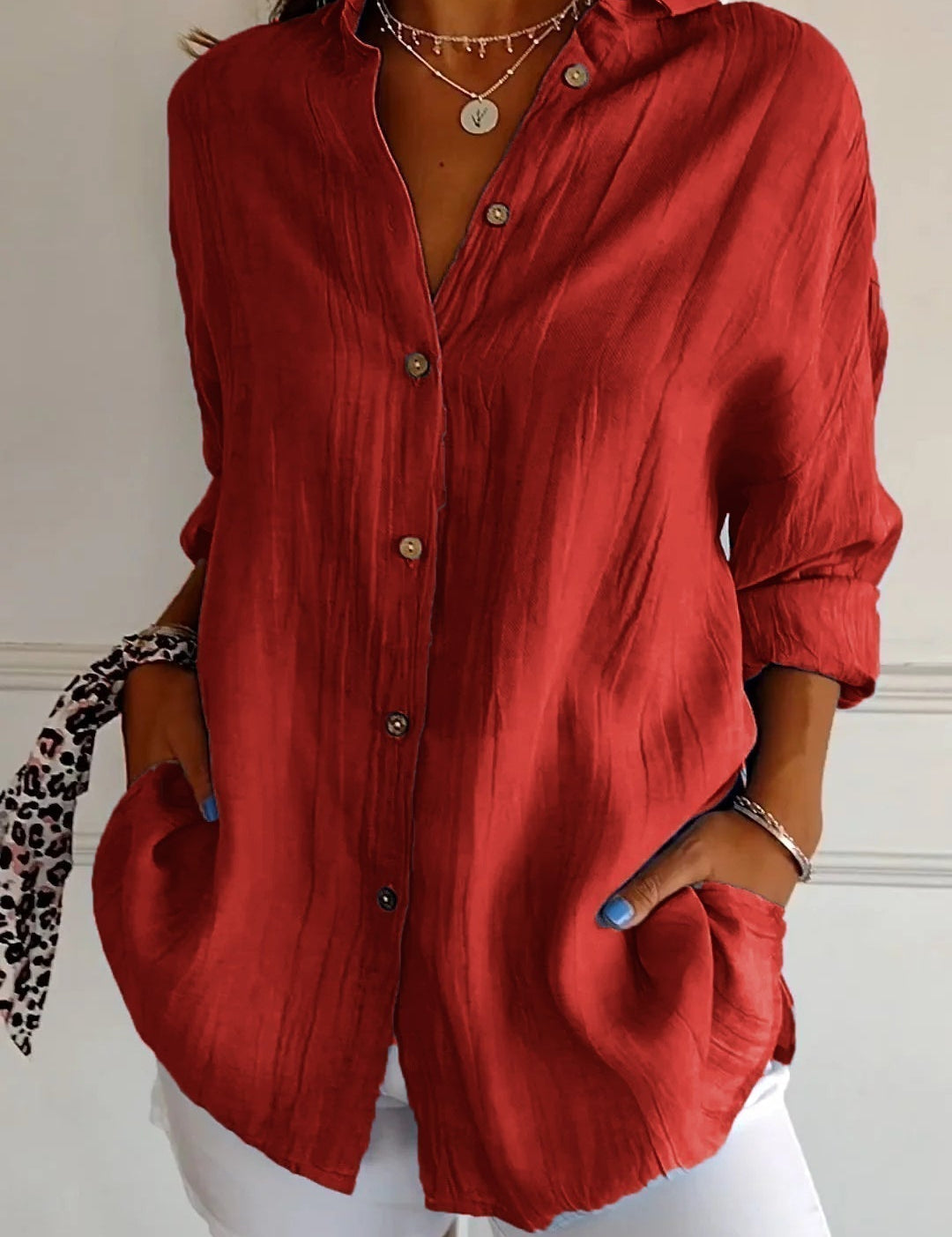 Odette Wyndmere | Oversized Blue Linen-Look Button-Down Shirt
