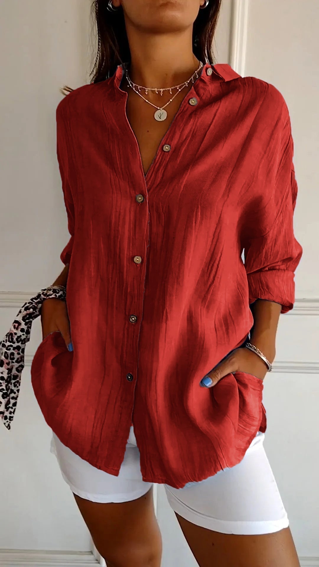Odette Wyndmere | Oversized Blue Linen-Look Button-Down Shirt
