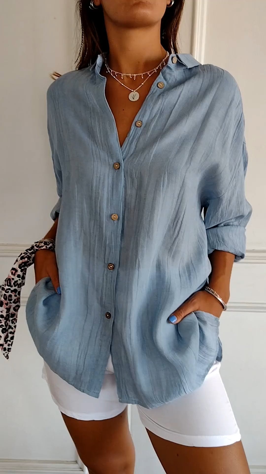Odette Wyndmere | Oversized Blue Linen-Look Button-Down Shirt