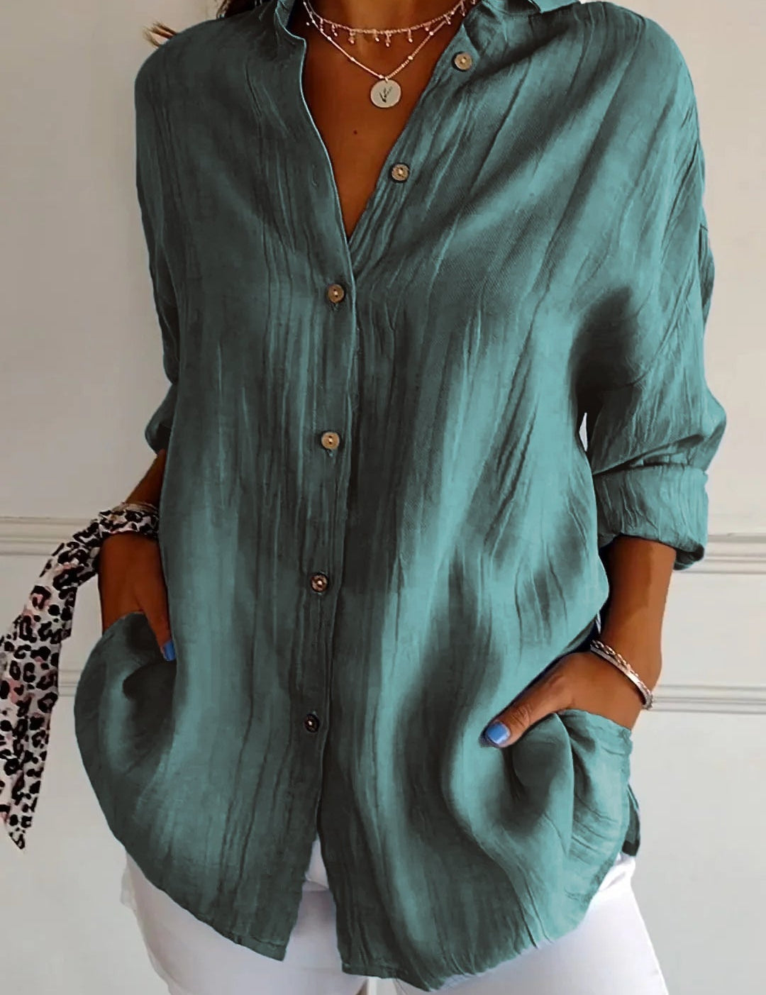 Odette Wyndmere | Oversized Blue Linen-Look Button-Down Shirt