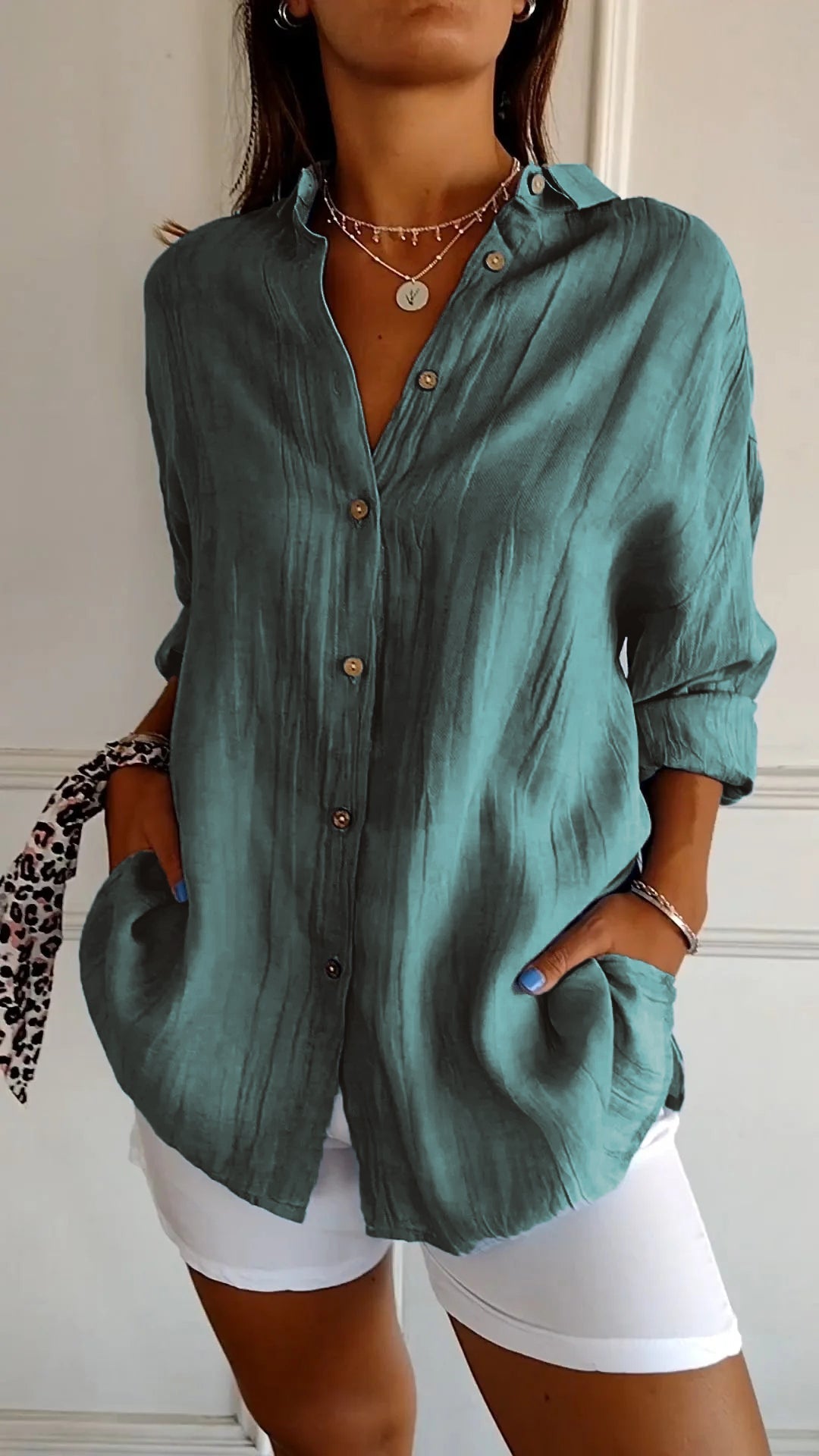 Odette Wyndmere | Oversized Blue Linen-Look Button-Down Shirt