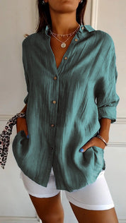 Odette Wyndmere | Oversized Blue Linen-Look Button-Down Shirt