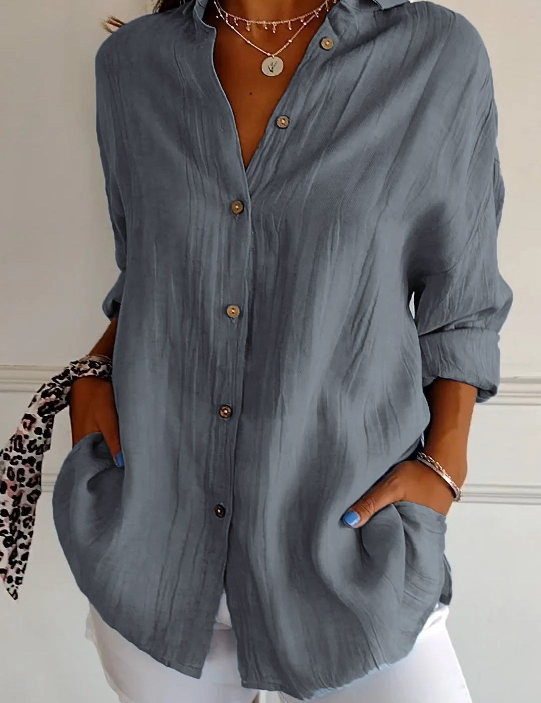 Odette Wyndmere | Oversized Blue Linen-Look Button-Down Shirt