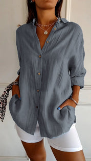 Odette Wyndmere | Oversized Blue Linen-Look Button-Down Shirt
