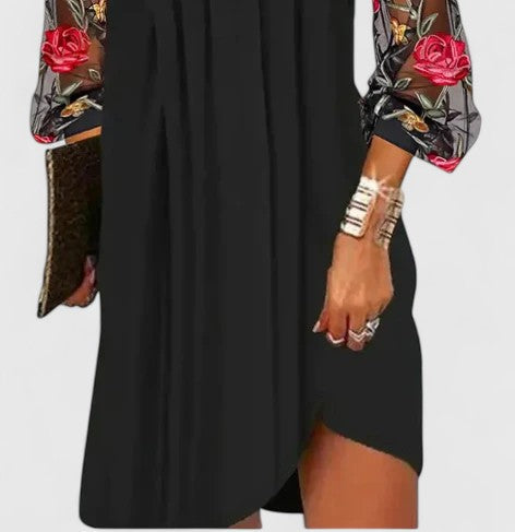 Lavinia Beaumont | Black Mesh Floral Embroidered Sleeve Mini Dress