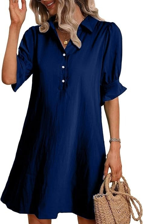 Aurelie Wyndcroft | Black Button-Down Shirt Dress with 3/4 Sleeves