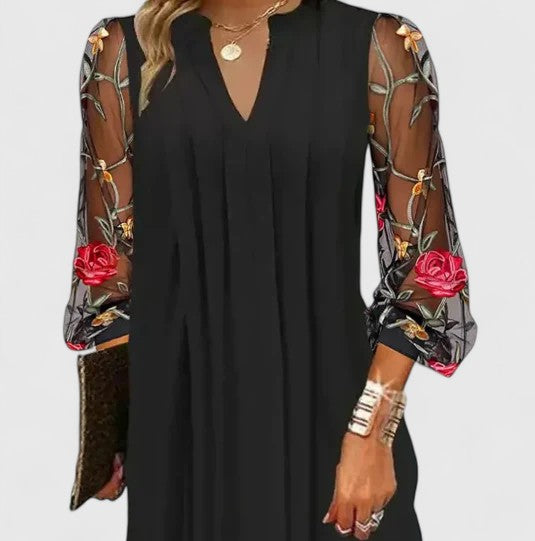 Lavinia Beaumont | Black Mesh Floral Embroidered Sleeve Mini Dress