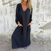 Cecile Winthrop | Flowing Beige V-Neck Maxi Dress with Pockets