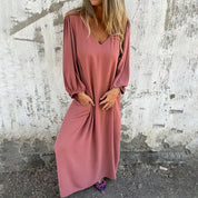 Cecile Winthrop | Flowing Beige V-Neck Maxi Dress with Pockets