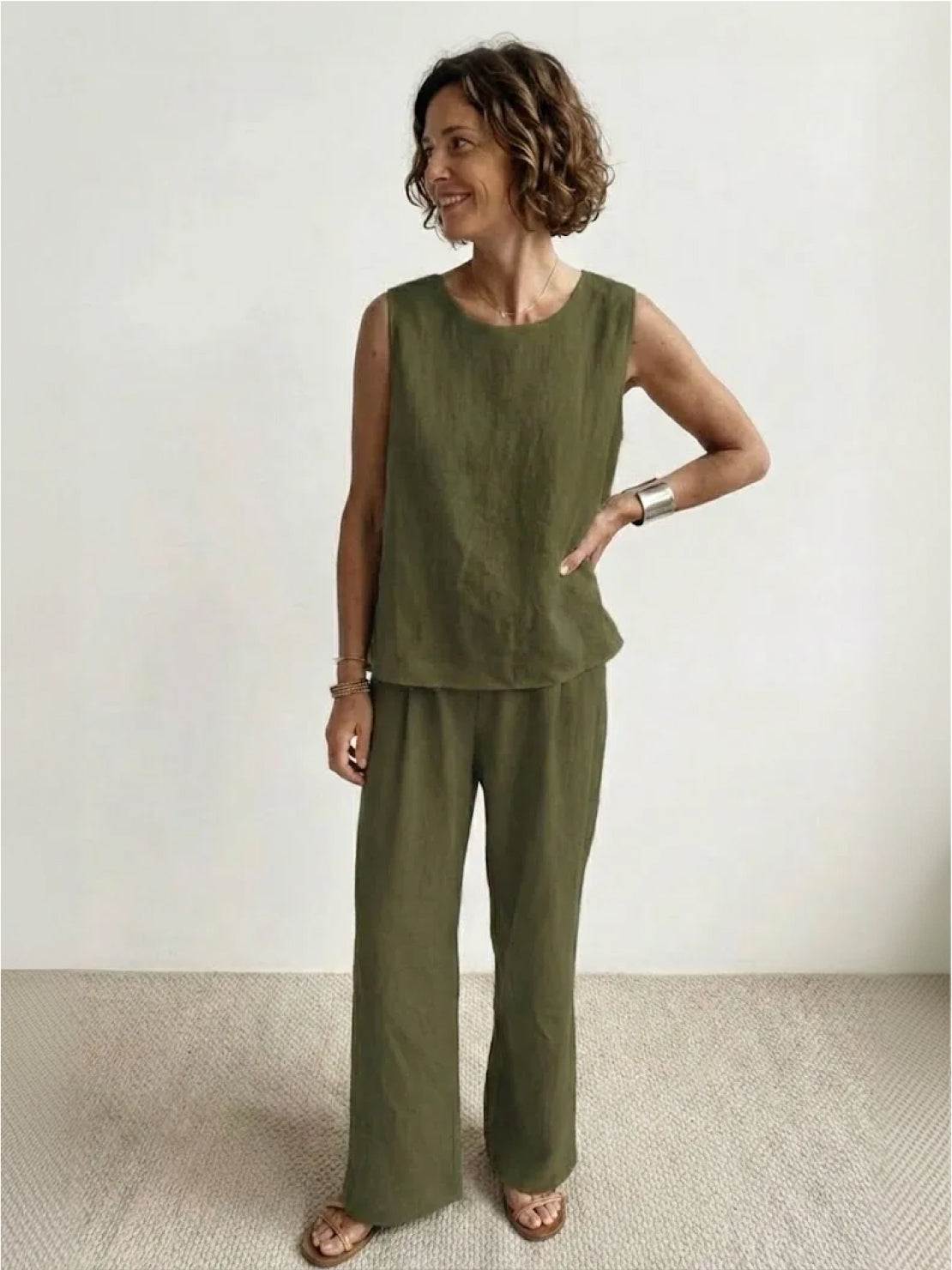 Fleurette Saintmoreau | Olive Green Linen-Look Sleeveless Tank & Wide-Leg Pants Set