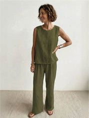 Fleurette Saintmoreau | Olive Green Linen-Look Sleeveless Tank & Wide-Leg Pants Set
