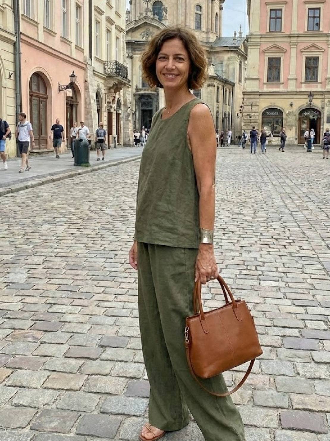 Fleurette Saintmoreau | Olive Green Linen-Look Sleeveless Tank & Wide-Leg Pants Set
