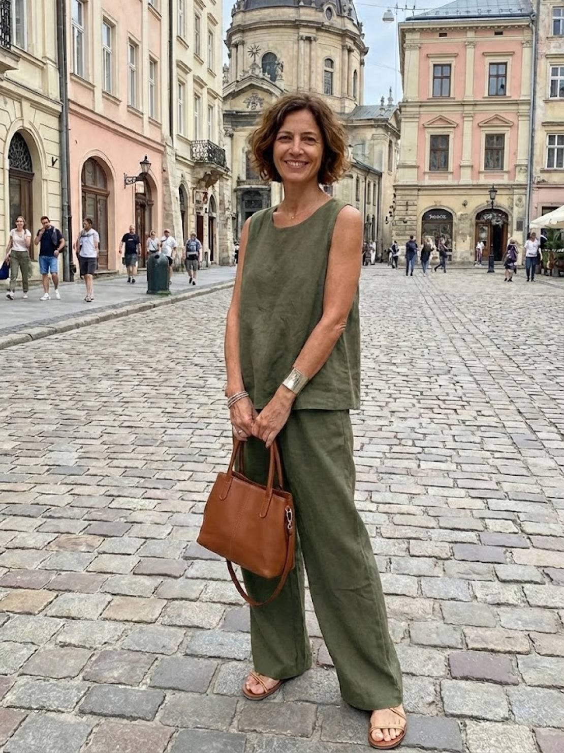 Fleurette Saintmoreau | Olive Green Linen-Look Sleeveless Tank & Wide-Leg Pants Set