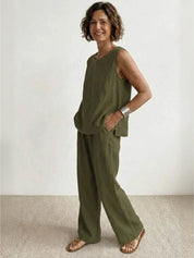 Fleurette Saintmoreau | Olive Green Linen-Look Sleeveless Tank & Wide-Leg Pants Set
