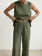Fleurette Saintmoreau | Olive Green Linen-Look Sleeveless Tank & Wide-Leg Pants Set