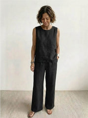 Fleurette Saintmoreau | Olive Green Linen-Look Sleeveless Tank & Wide-Leg Pants Set