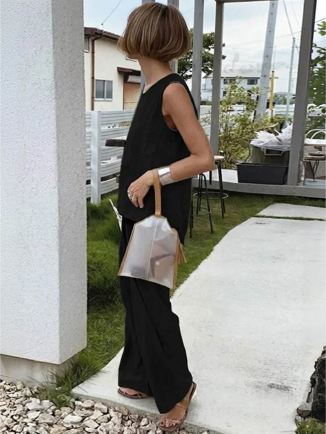 Fleurette Saintmoreau | Olive Green Linen-Look Sleeveless Tank & Wide-Leg Pants Set