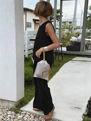 Fleurette Saintmoreau | Olive Green Linen-Look Sleeveless Tank & Wide-Leg Pants Set