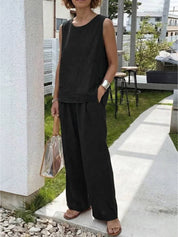 Fleurette Saintmoreau | Olive Green Linen-Look Sleeveless Tank & Wide-Leg Pants Set