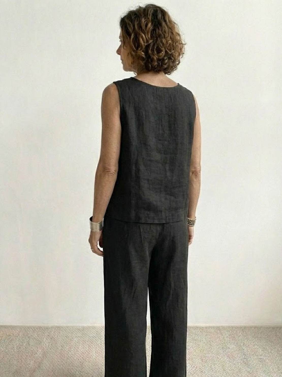 Fleurette Saintmoreau | Olive Green Linen-Look Sleeveless Tank & Wide-Leg Pants Set