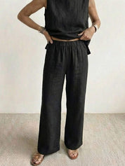 Fleurette Saintmoreau | Olive Green Linen-Look Sleeveless Tank & Wide-Leg Pants Set