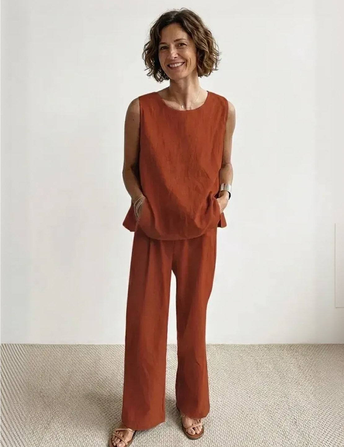 Fleurette Saintmoreau | Olive Green Linen-Look Sleeveless Tank & Wide-Leg Pants Set