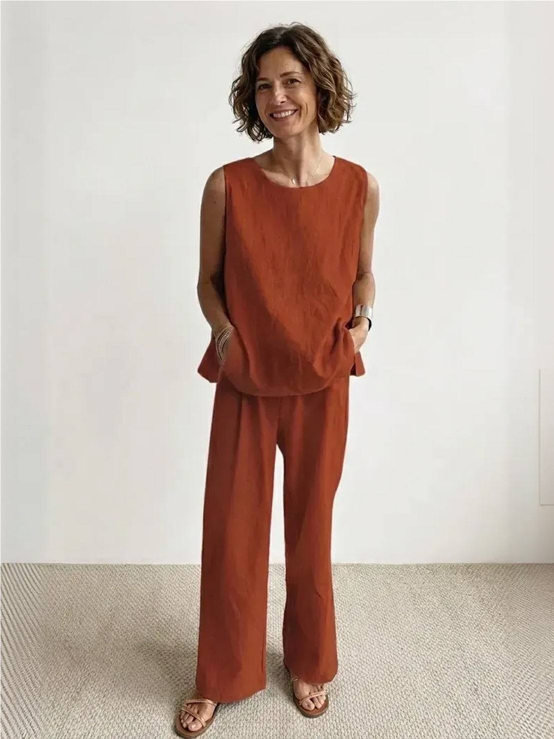 Fleurette Saintmoreau | Olive Green Linen-Look Sleeveless Tank & Wide-Leg Pants Set