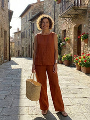 Fleurette Saintmoreau | Olive Green Linen-Look Sleeveless Tank & Wide-Leg Pants Set