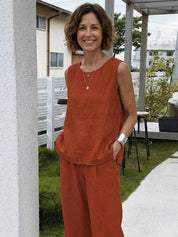 Fleurette Saintmoreau | Olive Green Linen-Look Sleeveless Tank & Wide-Leg Pants Set