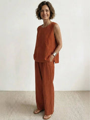 Fleurette Saintmoreau | Olive Green Linen-Look Sleeveless Tank & Wide-Leg Pants Set