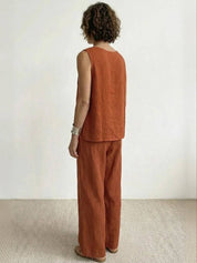 Fleurette Saintmoreau | Olive Green Linen-Look Sleeveless Tank & Wide-Leg Pants Set