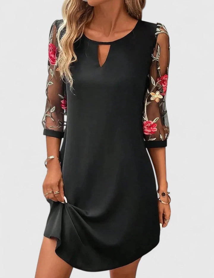 Henrietta Blackwell | Navy Floral Embroidered Mesh Sleeve Mini Dress